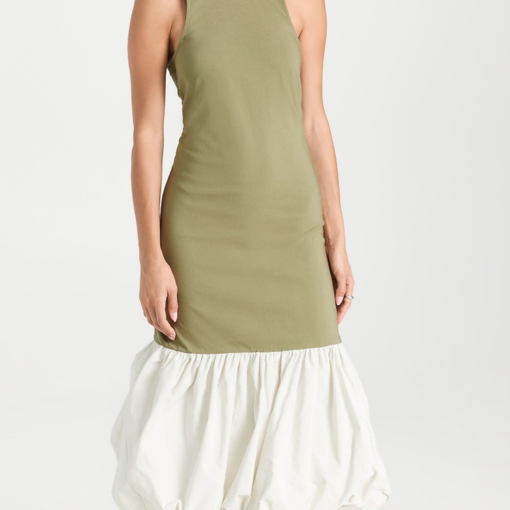 Ganni  taffeta  mix open back dress. Olive and White Dress